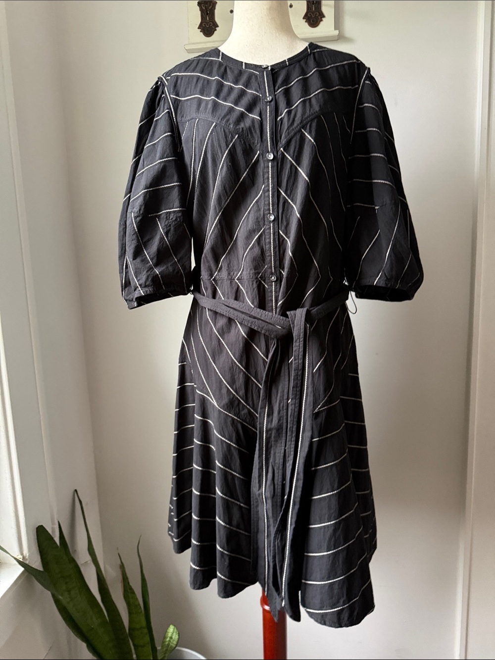 Striped Black Puffed Sleeve Shirt Dress with Self-Tie BeltCotton Modern Preppy
